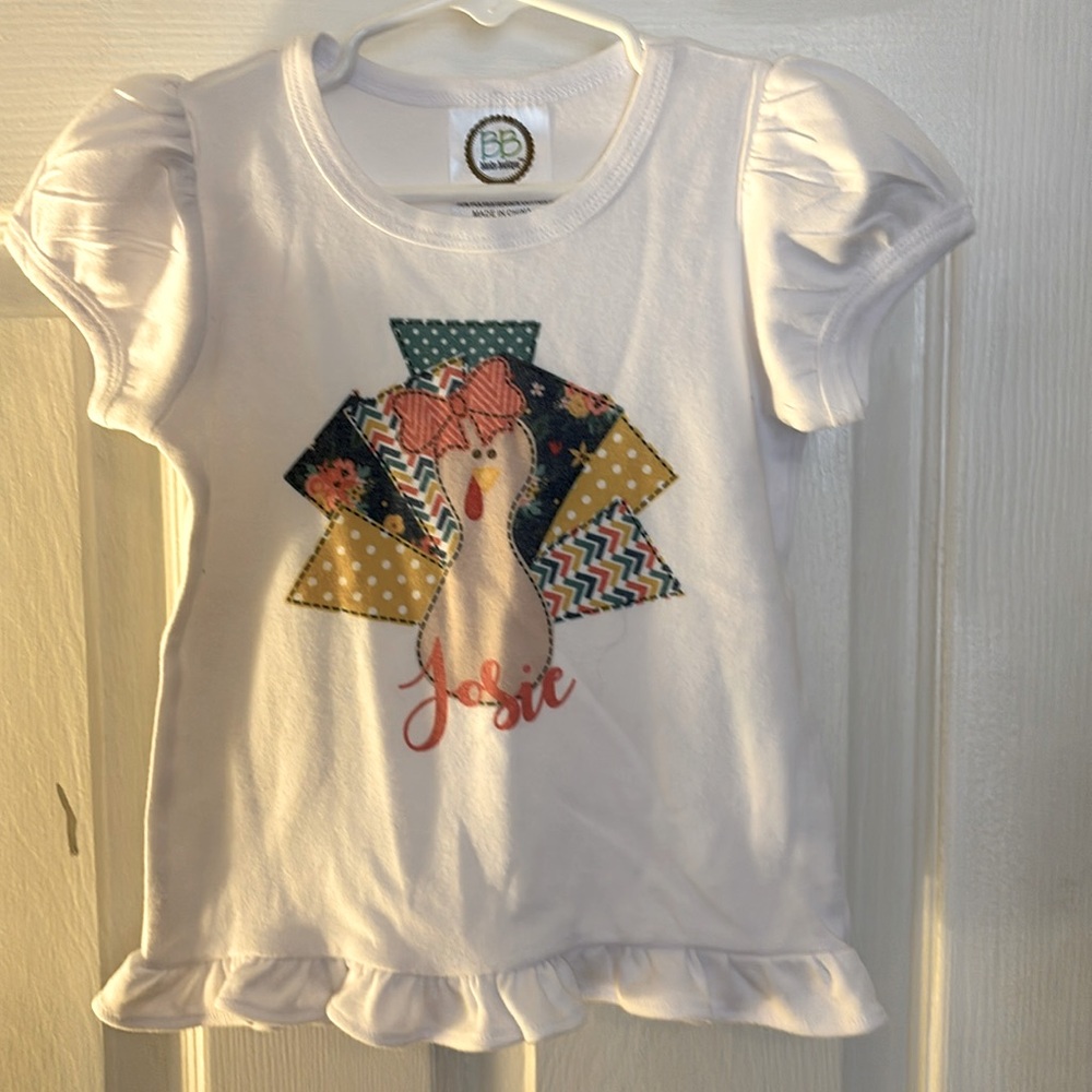 “Josie” 3T personalized turkey shirt. Puff sleeves. Short sleeves. So cute!